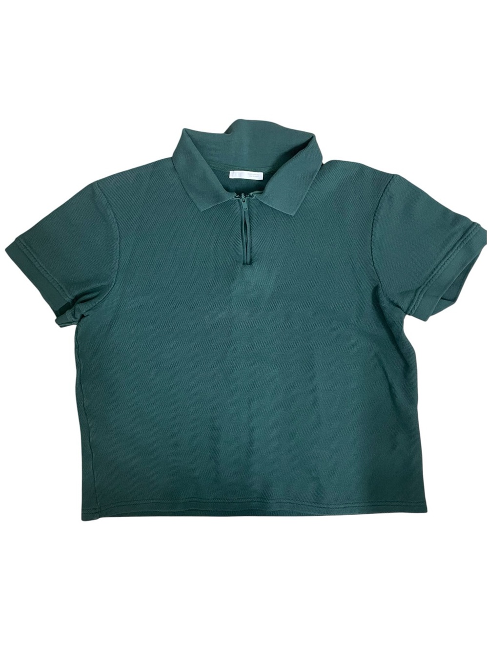 Zara Green Ribbed Textured Quarter Zip Crop Polo Short Sleeve Shirt Large L